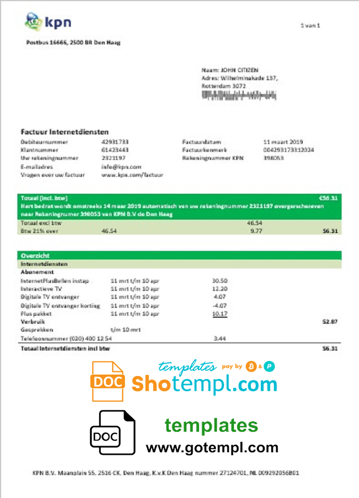 Netherlands KPN utility bill template in Word and PDF format